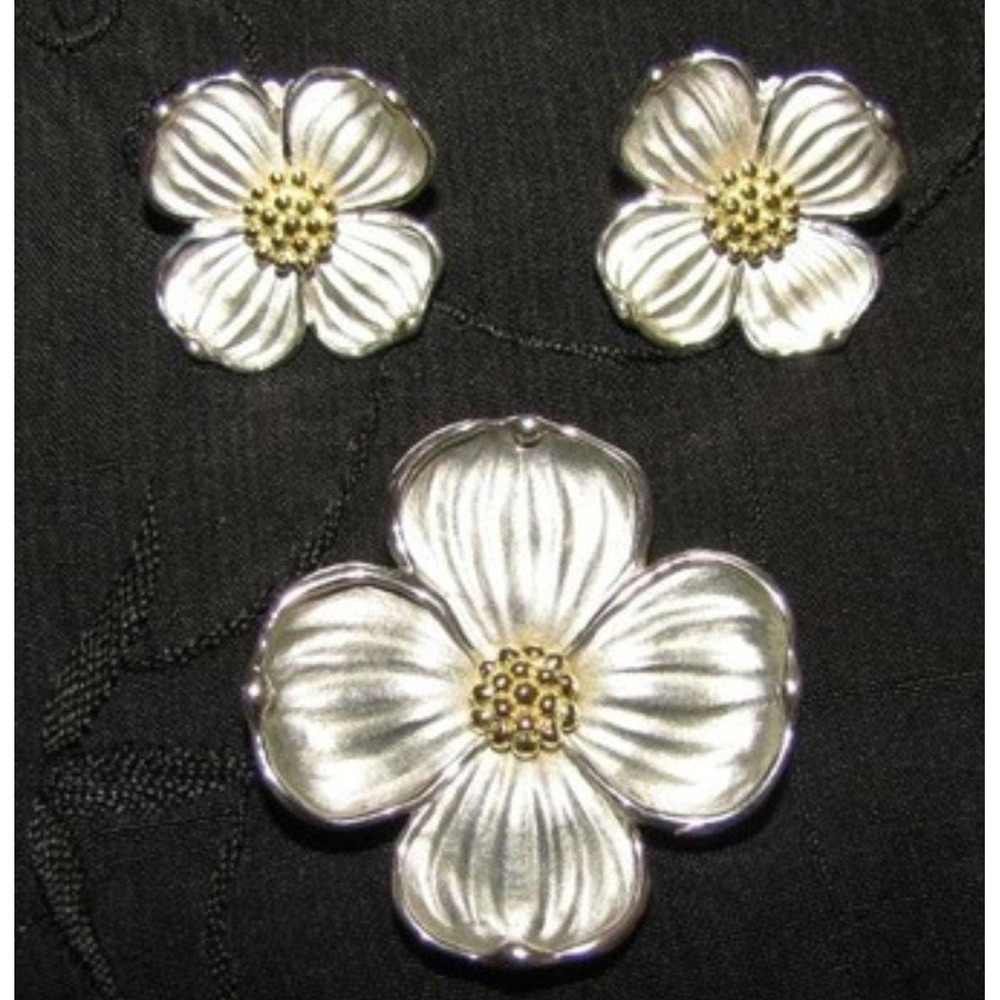 Sterling Silver Dogwood Earrings and Brooch: 18K Gold‎ Flower Set Signed RARE